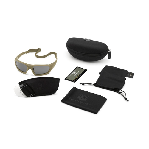 Revision Military Shadowstrike Ballistic Sunglasses kit with case, lens wipe, and accessories for tactical use.